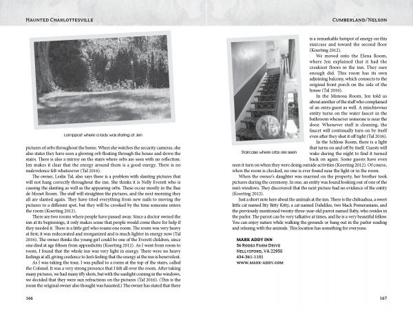 A black-and-white spread from "Haunted Charlottesville and Surrounding Counties" by Schiffer Publishing shows text on local hauntings, with one page depicting a sunlit garden and the other a hallway with chairs against the wall.