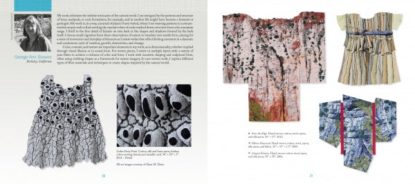 Artistry in Fiber, Vol. 1 by Schiffer Publishing, Ltd. displays a portrait, text, and contemporary fiber art, with black-and-white patterns and vibrant, textured garments inspired by nature and geology.