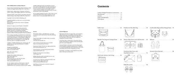 Two-page spread from "Little Delights in Leather" by Schiffer Publishing, Ltd.: left page has paragraph text; right page features a "Contents" heading, section list with page numbers, and line drawings of bags and accessories.