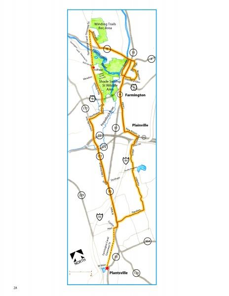 Connecticut by Bicycle by Schiffer Publishing, Ltd. features a map of a moderate bike ride from Winding Trails Rec Area through Farmington, Plainville, and Plantsville, with numbered points and major roads—ideal for a scenic cycling route in Connecticut.