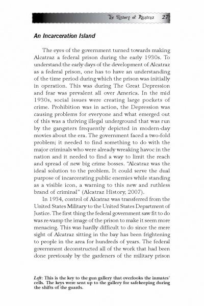 A page from Ghosts of Alcatraz by Schiffer Publishing, Ltd. describes the island’s federal prison era. A captioned photo shows a "gun gallery key," used to securely store inmates’ cell keys.