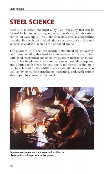 A Japanese blacksmith works by a glowing forge, surrounded by Japanese knives and waterstones. This scene appears on the Schiffer Publishing, Ltd. "Japanese Knife Sharpening" page, exploring the science of steel.