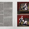 A magazine spread from Ink ’N Girls 2 by Schiffer Publishing, Ltd. shows an interview and two bold photos of a tattooed woman with red hair in lingerie and striped stockings on a vintage green sofa before red curtains, celebrating tattoo culture.