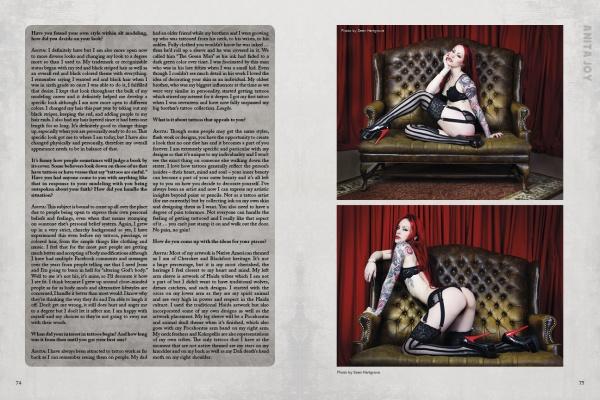 A magazine spread from Ink ’N Girls 2 by Schiffer Publishing, Ltd. shows an interview and two bold photos of a tattooed woman with red hair in lingerie and striped stockings on a vintage green sofa before red curtains, celebrating tattoo culture.