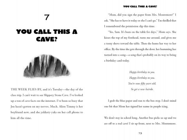 A page from "Samantha Hansen Has Rocks in Her Head" by Schiffer Publishing, Ltd. shows the chapter "You Call This a Cave?" with a cave sketch, describing prep for a fourth-grade trip to Slippery Stone Cave and dialogue about permission slips and birthdays.