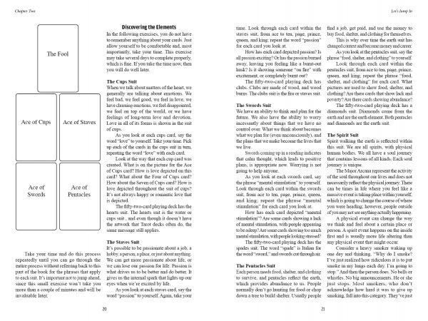 Inside A Course in Tarot by Schiffer Publishing, Ltd., a book spread features text and a cross-shaped tarot card layout diagram with The Fool, Ace of Swords, Ace of Stones, and Ace of Pentacles for easy learning.