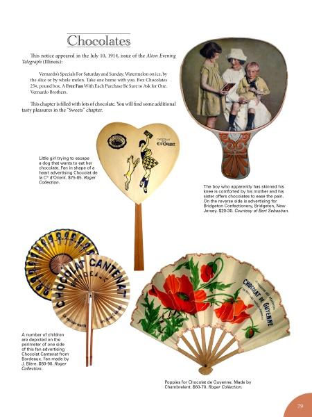 A magazine page titled "Fans: Advertising & Souvenir" by Schiffer Publishing, Ltd. showcases vintage chocolate advertising fans, a boy with chocolates, and item descriptions highlighting their history and collector appeal.