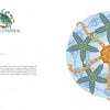 A two-page spread from "Nature Mandalas Wonders of the Earth, Wind, and Sea" by Schiffer Publishing, Ltd. features reef and sea life text opposite a blue animal mandala of orange and green starfish with intertwining arms.