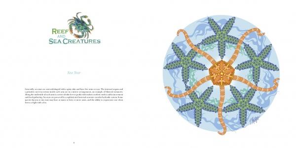 A two-page spread from "Nature Mandalas Wonders of the Earth, Wind, and Sea" by Schiffer Publishing, Ltd. features reef and sea life text opposite a blue animal mandala of orange and green starfish with intertwining arms.