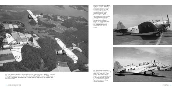 Two pages from Douglas TBD Devastator by Schiffer Publishing, Ltd. feature three black-and-white WWII aircraft photos, including US Navy torpedo bombers in flight and on airstrips, with descriptive text above and below.