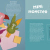 Three colorful hand-sewn softies—pink, green, and purple monsters with big eyes and floppy ears—are shown on pastel papers. The Zenki Way by Schiffer Publishing, Ltd. shares how to create these Mini Monsters with tips and instructions for parents.