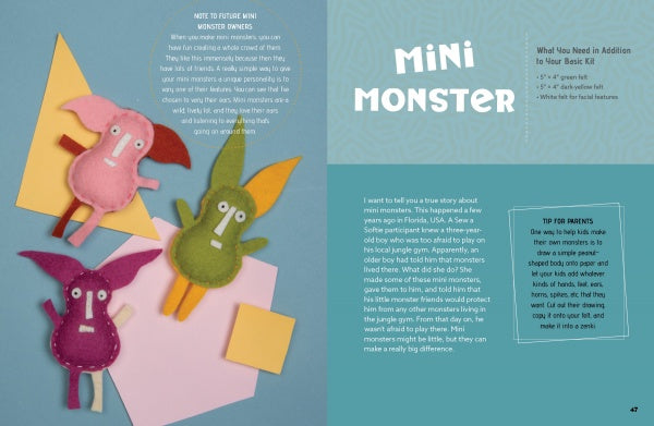 Three colorful hand-sewn softies—pink, green, and purple monsters with big eyes and floppy ears—are shown on pastel papers. The Zenki Way by Schiffer Publishing, Ltd. shares how to create these Mini Monsters with tips and instructions for parents.