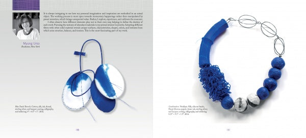 A two-page spread from Artistry in Fiber, Vol. 3 by Schiffer Publishing, Ltd. showcases blue and white contemporary earrings and a matching wearable fiber art necklace with blue beads; the artist’s photo and bio are in the top left corner.