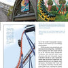 A magazine page for Schiffer Publishing, Ltd.'s "Florida Theme Parks" displays roller coaster photos—a Gwazi wooden sign, a yellow-green loop, an orange-blue drop—and highlights African-themed attractions at Florida parks.