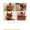 Four photos show Creative Rims for Gourd Art by Schiffer Publishing, Ltd., with hands weaving pine needles onto a cut gourd bowl using red clamps to secure the rim and create a decorative edge pattern.
