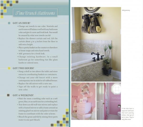 Design on the Fly by Schiffer Publishing, Ltd. offers bathroom makeover tips with images of a beige bath with a tub and towel rack, and a pink bath with shelves. Text boxes highlight quick tasks for 1–2 hours or a weekend.