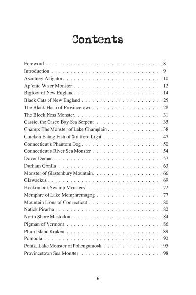 The table of contents in Curious Creatures of New England (Schiffer Publishing, Ltd.) lists cryptids like Bigfoot, Black Cats of New England, the Black Flash of Provincetown, Lake Monsters, and more, with pages ranging from 8 to 98.