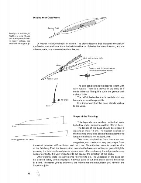 An instructional page from "The Bow Builder’s Book" by Schiffer Publishing, Ltd. features black-and-white diagrams and text on shaping and attaching feather vanes for arrows used in European longbow projects.
