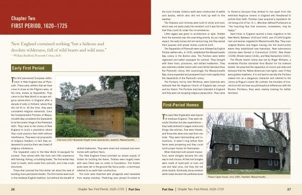 The book "Antique New England Homes & Barns" by Schiffer Publishing, Ltd. features a spread with photos of a small timber-framed house with a thatched roof and a restored colonial home with multiple chimneys.