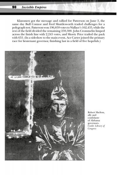 A black-and-white photo in "Ku Klux Terror" (Schiffer Publishing, Ltd.) shows an Alabama Klan leader, Robert Shelton, in a white robe and hood with staff. Text and page number above reference KKK history.