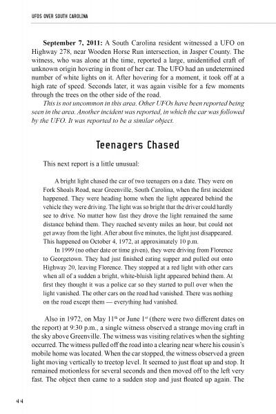 A page from Schiffer Publishing, Ltd.'s "UFOs Over South Carolina" features Sherman Carmichale’s accounts and fascinating UFO sightings, sharing captivating stories from across the region.