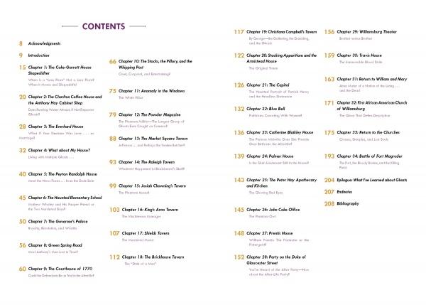 The table of contents for "Breakthrough Ghost Photography of Haunted Historic Colonial Williamsburg, Virginia Part II" (Schiffer Publishing, Ltd.) lists chapters sequentially from pages 8–210 in a two-column layout, covering haunted houses and locations.