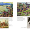 A two-page spread from "Emerging from the Shadows, Vol. II" by Schiffer Publishing, Ltd. displays vibrant rural landscape paintings and a small black-and-white portrait of a woman at the bottom right, curated by Maurine St. Gaudens.