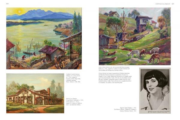 A two-page spread from "Emerging from the Shadows, Vol. II" by Schiffer Publishing, Ltd. displays vibrant rural landscape paintings and a small black-and-white portrait of a woman at the bottom right, curated by Maurine St. Gaudens.