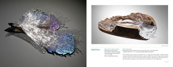 Art Glass Today 2 by Schiffer Publishing, Ltd. features contemporary glass art—a delicate fish tail and a wave-like sculpture over wood with a nude figure—highlighting renowned international glass artists with credits and text below.
