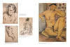 Four artworks are shown: three graphite portraits of nude women in various poses, and one colorful painting from "Emerging from the Shadows, Vol. II" by Schiffer Publishing, Ltd., featuring a woman with closed eyes and elbow resting on her knee.