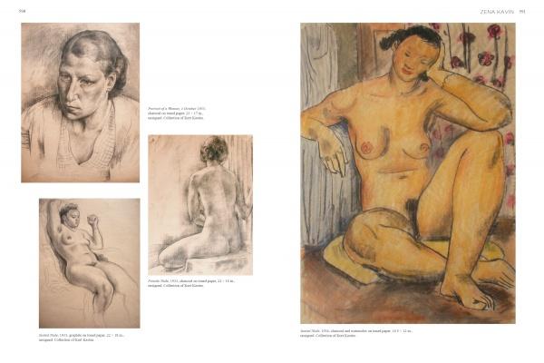 Four artworks are shown: three graphite portraits of nude women in various poses, and one colorful painting from "Emerging from the Shadows, Vol. II" by Schiffer Publishing, Ltd., featuring a woman with closed eyes and elbow resting on her knee.