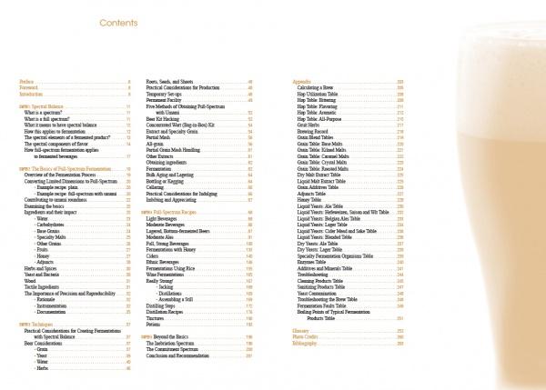Table of contents for The Umami Factor by Schiffer Publishing, Ltd., with chapters on fermentation recipes, yeast, brewing techniques, and ingredients, plus a partial image of a glass of beer on the right.