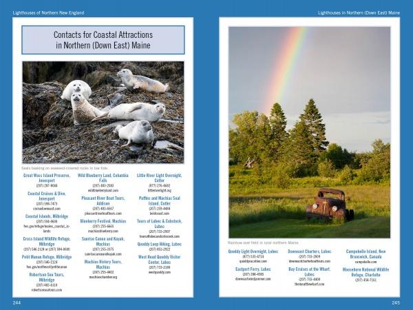 A two-page spread from *Lighthouses and Coastal Attractions of Northern New England* by Schiffer Publishing, Ltd.: left page—four seals on rocks with coastal attractions list; right—a rainbow above trees and rusty truck, plus lighthouse guide and tour info.