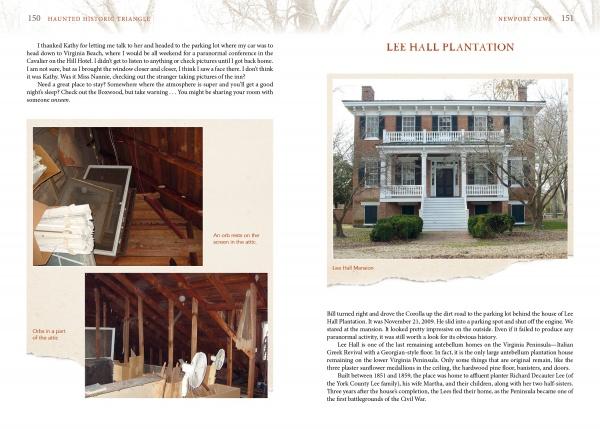 A spread in "Virginia's Haunted Historic Triangle 2nd Edition" by Schiffer Publishing, Ltd. shows attic interiors with old beams and an exterior of Lee Hall Mansion, evoking the eerie charm of Virginia’s ghostly history.