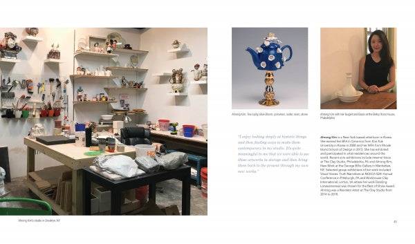On the left, shelves hold ceramics and tools; on the right, a teapot sculpture and portrait from The Clay Studio’s exhibition are featured in "From Storage to Studio" by Schiffer Publishing, Ltd.