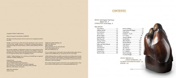 A two-page book spread in Western Art of the Twenty-First Century (Schiffer Publishing, Ltd.): left page with copyright info; right page lists Contents next to a bronze sculpture of two figures in a cloak, featuring Native American contemporary Western artists.
