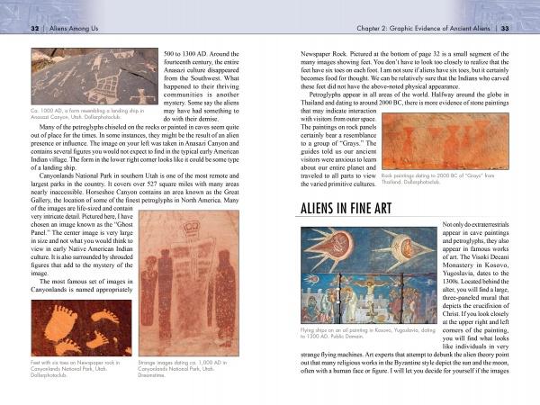 Two pages from "Aliens Among Us" by Schiffer Publishing, Ltd. show ancient North American and Italian rock art and petroglyph images, maps, and text exploring possible alien depictions in history.