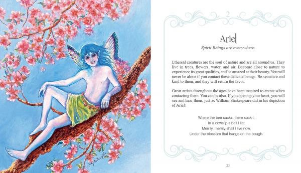 An illustrated page from Inspirational Visions Oracle Cards by Schiffer Publishing, Ltd. features a blue-skinned fairy with wings on a cherry blossom branch. The facing page is titled "Ariel" and explores ethereal spirits and creative inspiration.