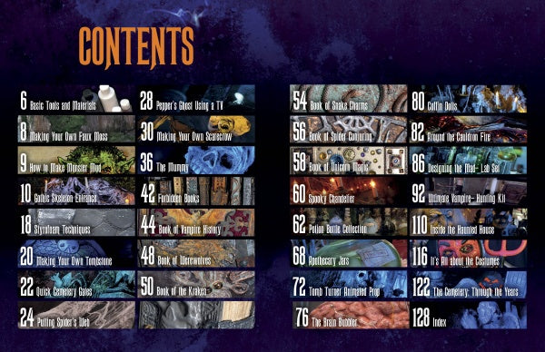 Best of How to Haunt Your House: 10 New Projects by Schiffer Publishing, Ltd. features a spooky, colorful table of contents perfect for haunted house decor, with sections like “Basic Tools,” “Coffin Dolls,” and eerie images to spark your creepy creations.