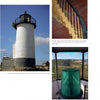 A page from "Massachusetts Lighthouses" by Schiffer Publishing, Ltd. features three images: a white lighthouse with black lantern, a yellow-railed spiral staircase, and a green flashing beacon—capturing the lighthouse spirit.