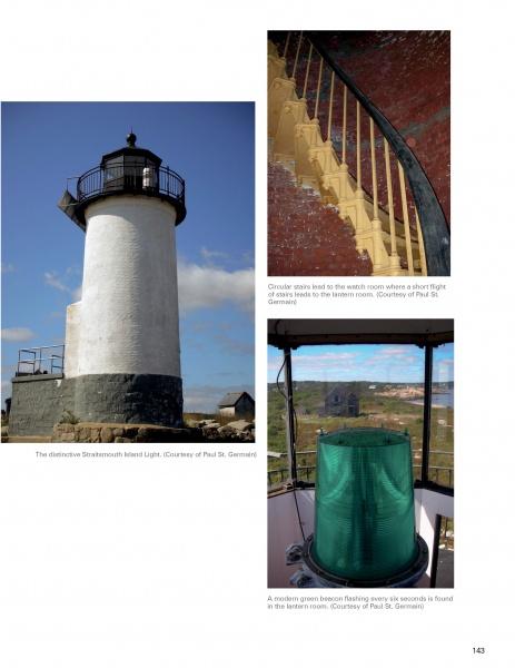 A page from "Massachusetts Lighthouses" by Schiffer Publishing, Ltd. features three images: a white lighthouse with black lantern, a yellow-railed spiral staircase, and a green flashing beacon—capturing the lighthouse spirit.