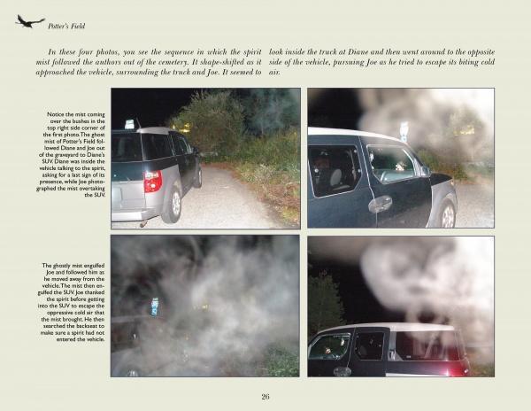 Four photos depict a dark SUV parked at night near trees as a misty shape drifts nearby, evoking the eerie, ghostly scenes featured in "Long Island's Most Haunted Cemeteries" by Schiffer Publishing, Ltd.