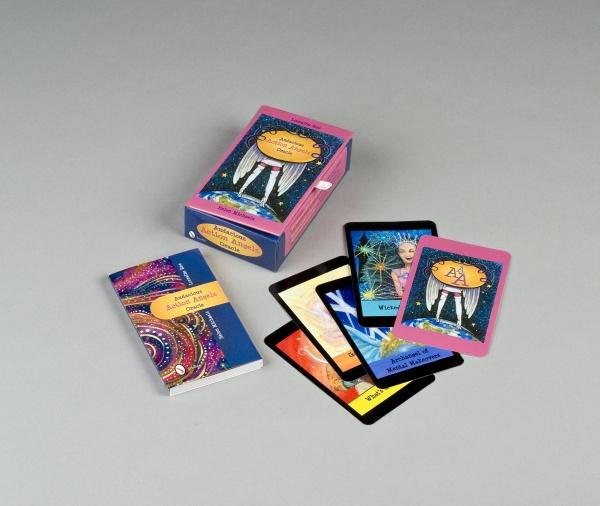 The Audacious Action Angels Oracle features a colorful deck of cards, a matching pink box, and an illustrated booklet, all arranged on a light gray surface. Some oracle cards are spread out, showcasing their vibrant designs and images.