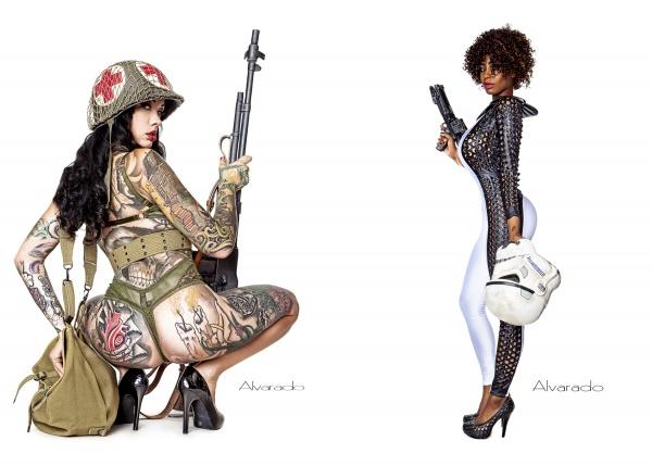 Two women model for Alvarado's Cosplay Pin-ups by Schiffer Publishing, Ltd.: one in a military helmet and pin-up style with tattoos and rifle, the other in a sci-fi bodysuit with a helmet and futuristic gun, set against a white background.