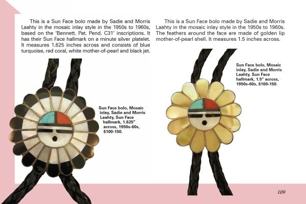 Two bolo ties from Schiffer Publishing, Ltd.: the "Hopi Bird and Sun Face in Zuni Jewelry," featuring mosaic inlays of turquoise, red coral, mother-of-pearl, and jet; one is round, the other has flower-like petal edges.