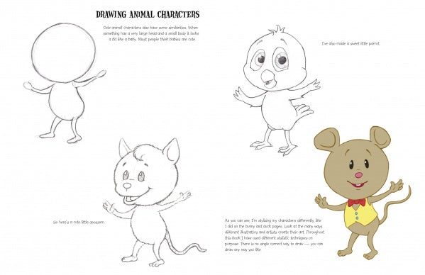More Creatures and Characters by Schiffer Publishing, Ltd. is a step-by-step art guide for kids, featuring instructions to draw funny animal cartoon characters like a bird, cat, and a colored mouse in a yellow vest and red bow tie.