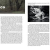 A two-page spread introduces Delaware Water Gap National Recreation Area by Schiffer Publishing, Ltd., featuring dense text, a dark forest background, and a black-and-white waterfall photo that captures the area's misty beauty.