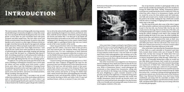 A two-page spread introduces Delaware Water Gap National Recreation Area by Schiffer Publishing, Ltd., featuring dense text, a dark forest background, and a black-and-white waterfall photo that captures the area's misty beauty.