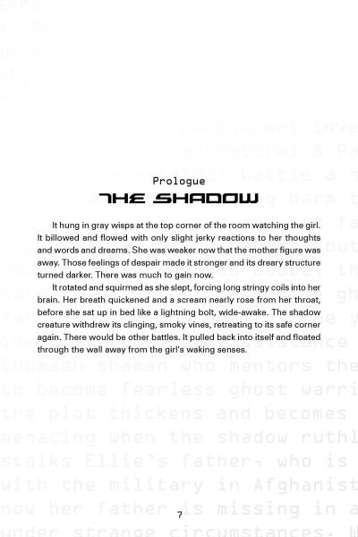 A book page from "SPI: The Case of the Dark Shadow" by Schiffer Publishing, Ltd. shows a haunted scene: a girl lies awake in fear as gray wisps drift through the room and a silent shadow looms.