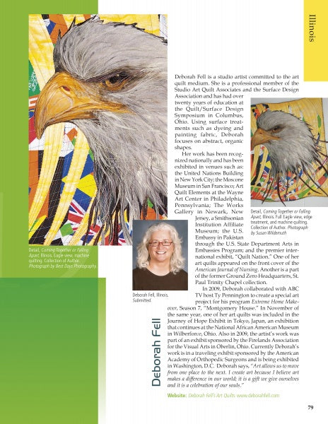 A magazine page showcases "Eagle Motifs in America" by Schiffer Publishing, Ltd., featuring a close-up quilted bald eagle, a full artwork view, artist Deborah Fell’s portrait, and highlights of her patriotic quilt designs and textile art achievements.